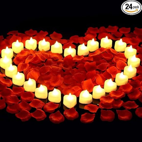 2000 Pieces Artificial Rose Petals with 24 Pieces LED Tea Lights Candles, - Picture 1 of 5